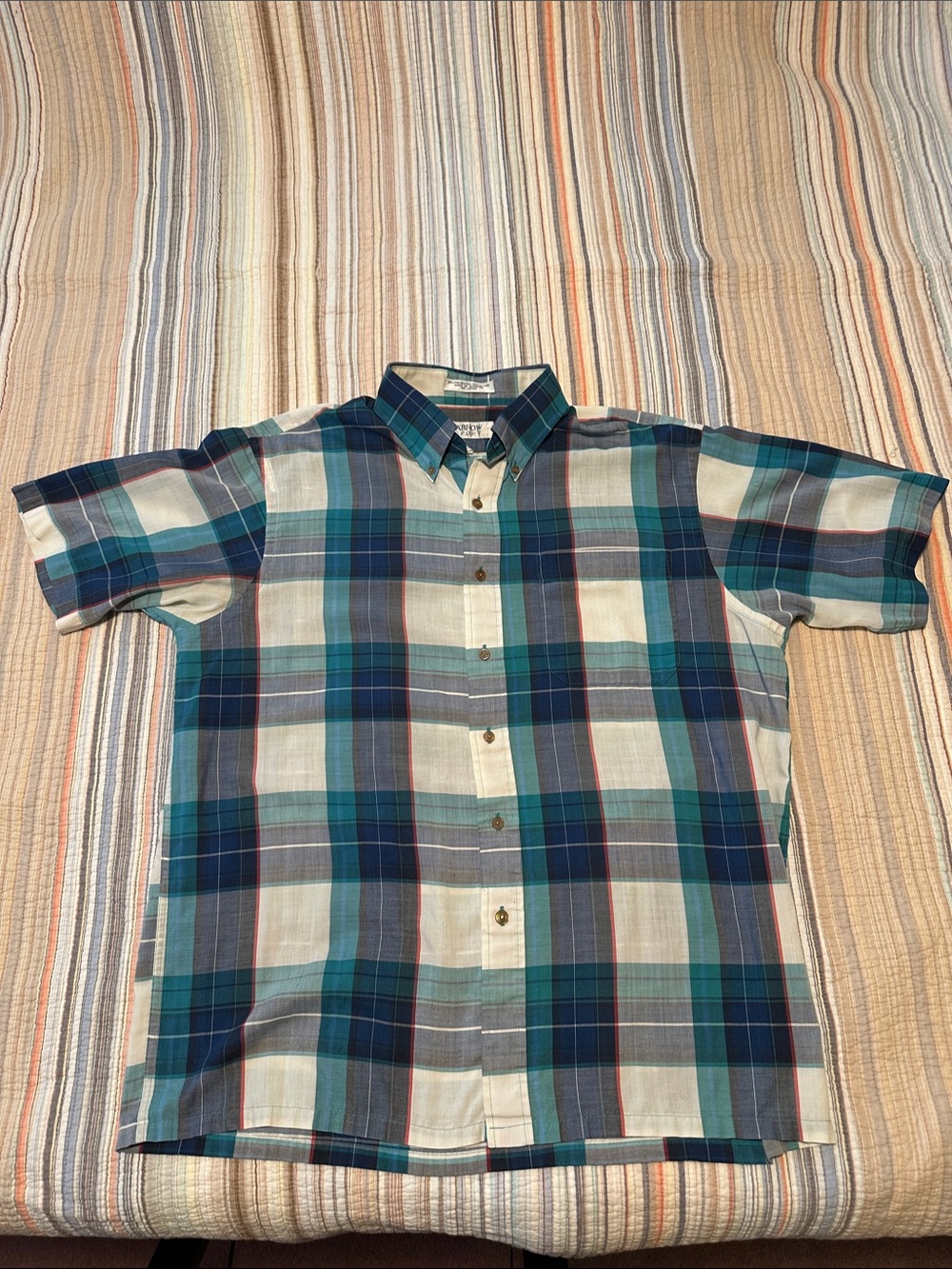Arrow Short-Sleeve Plaid Button-Down Shirt in Teal, Navy, and White